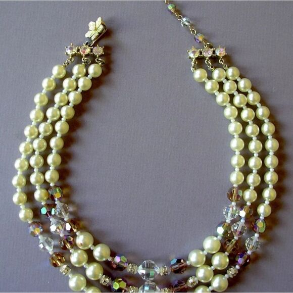 Vendome Vintage Amber & Clear Aurora Borealis Faux Pearls 3 Strand Bead Necklace - Picture 2 of 6